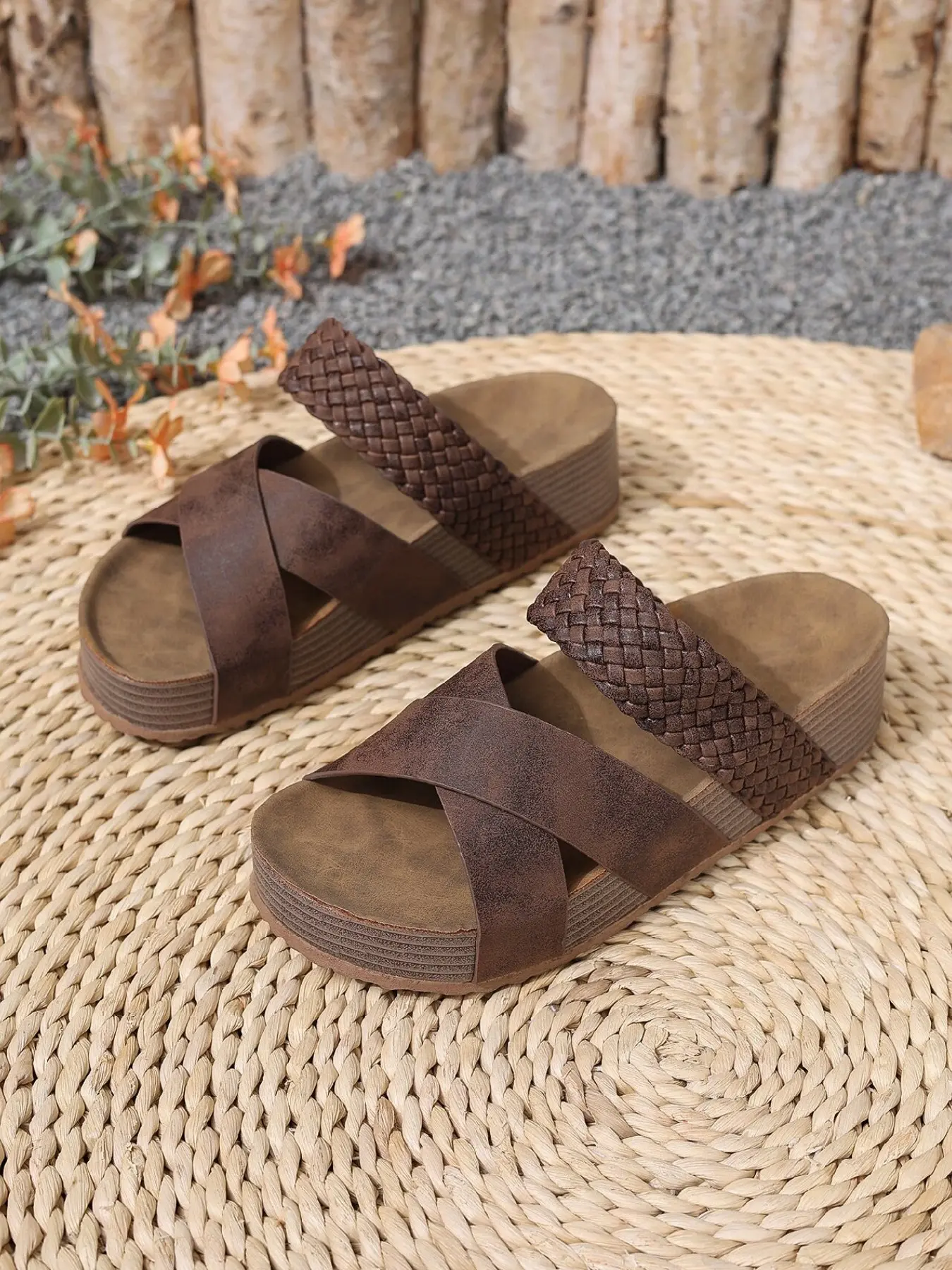Vintage Braided Cross Strap Wedge Slippers, Soft Comfortable Non-Slip Height Boost, Casual PU Leather Rubber Sole, Daily Wear Home