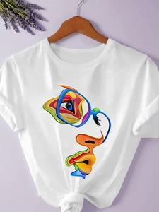 women's colorful abstract face print round neck tee, fashion casual short sleeve t-shirt for daily wear, ladies summer clothes, womenswear, graphic tees women, funny graphic tees