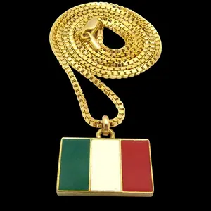 ITALY Flag Gold Plated Pendant & 2mm 18" 20" 24" 30" Box Brass Chain Hip Hop Necklace Jewelry Unisex Men Women