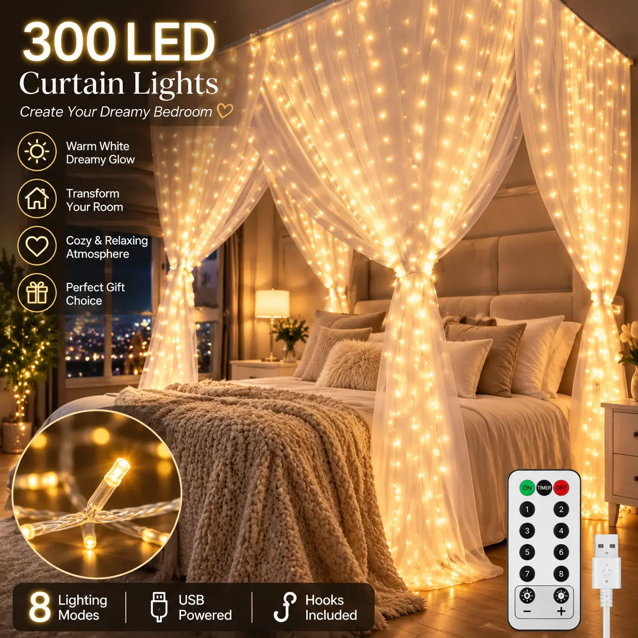Indoor LED Curtain Fairy Lights - 300-Light String with Remote, 8 Modes, Cozy Bedroom Decor for Girls, Holiday Parties