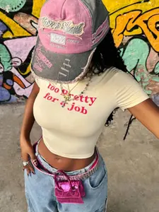 Y2K Aesthetic Too Pretty For A Job Statement Graphic Crop Top, Slim Fit Casual Streetwear Baby Tee, 90s Grunge Summer Tops for Women, Harajuku Y2K Fashion Short Sleeve T Shirt, 2025 Trendy Aesthetic Graphic Tees
