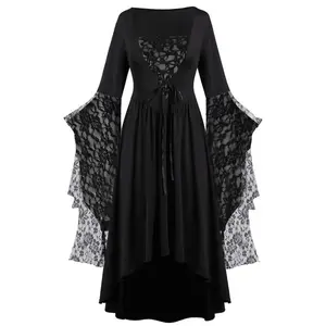 Vintage Halloween Cosplay Costume Witch Vampire Gothic Dress Ghost Dresses Up Party Printed Medieval Ghost Bride Female Clothes