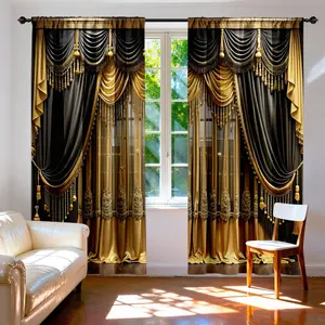 Luxurious Gold Velvet Fringe Curtains, Window Curtain, Tassel Decor Curtain, Vintage Double Layer Sheer Drapes for Living Room Bedroom, High Light Blocking Fabric
