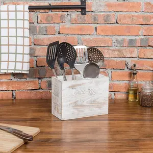 Whitewashed 2-Compartment Wood Cooking Utensil Holder