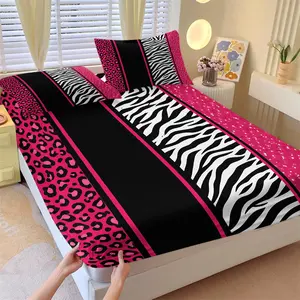Hot Pink Y2K Animal Print Bed Sheet Set 3 Piece, Leopard Zebra Print Striped Fitted Sheet, Soft Microfiber Bedding Set, Deep Pocket for Teen Girls Bedroom Dorm Teen Girls Gift