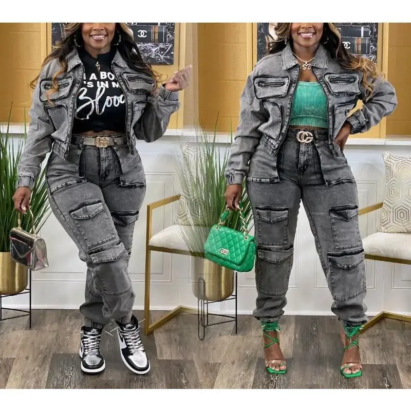 Women's Clothing Sets Multi Pockets Denim Pants Outfit Sexy Women Two Pieces Elegant Jeans Casual Matching Set Jacket+Trousers NO.22 Womenswear Elegance Short Straight Suits Long Sleeve Ny8158_Gray