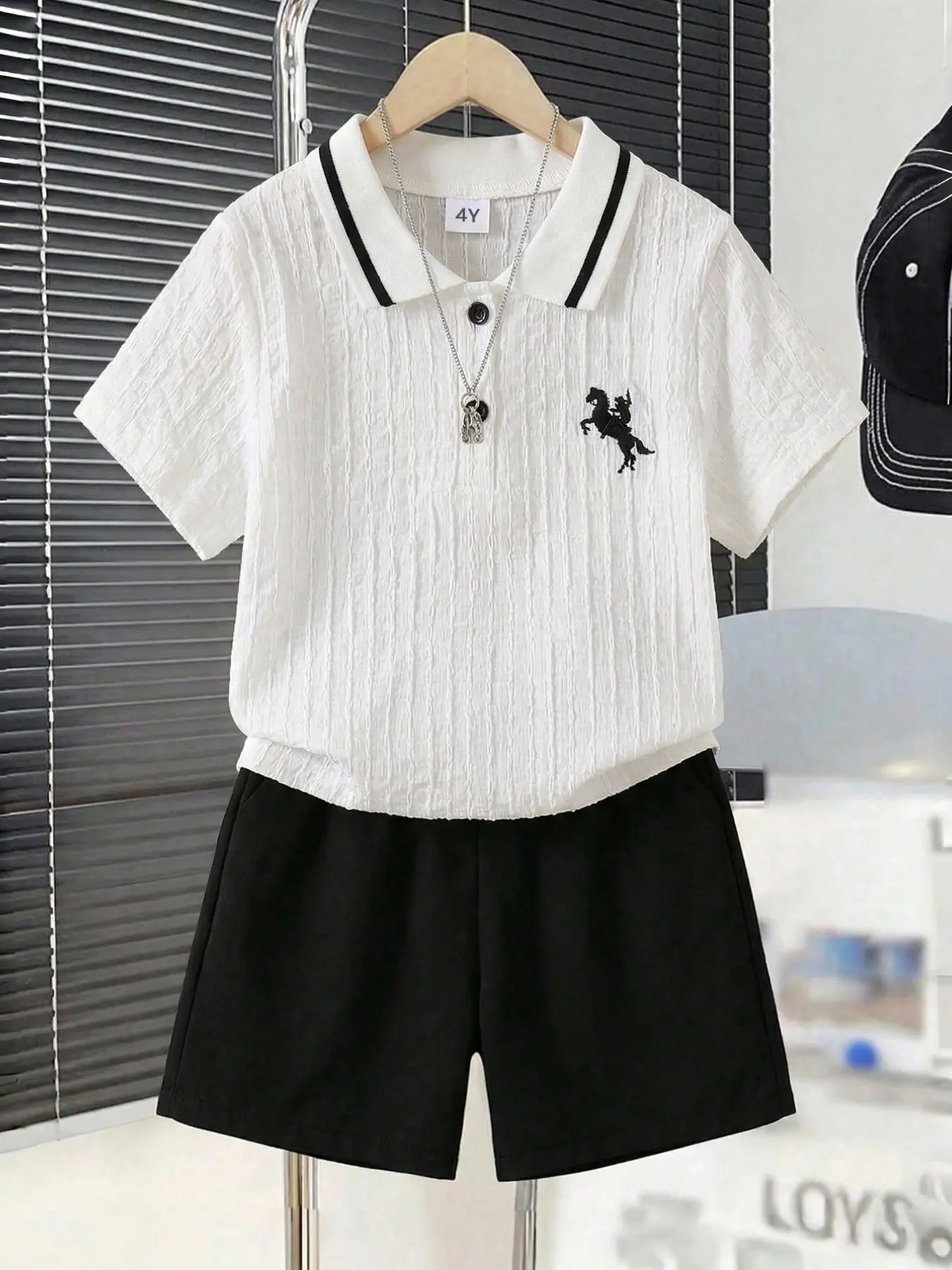 2026 New Boys' Summer Academy Style Set, Bubble Mesh Embroidered Polo Shirt + Shorts, Breathable Fabric for School/travel/daily Wear