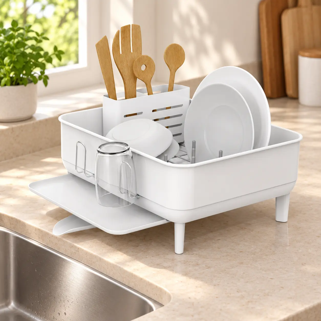 SIMPLEHUMAN Compact Stainless Steel Frame Dish Drying Rack with Swivel Drain Spout & Utensil Holder, Space-Saving Kitchen Countertop Organizer