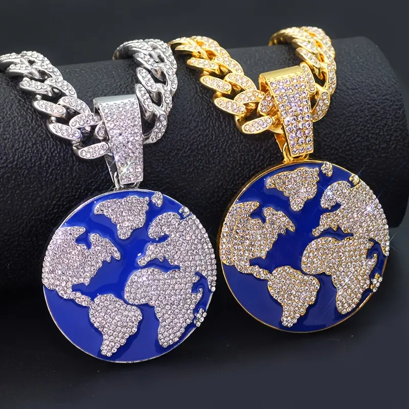 Unisex Iced Out Rhinestone Spinning Earth Globe Hip Hop Pendant Necklace - 45cm Plated Alloy Cuban Chain, Silver-Tone Casual Christmas Chain Jewelry Necklaces for Daily Wear, Party