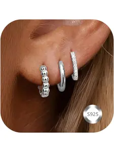 3 Pairs Silver Hoops Earrings for Women 925 Sterling Silver Small Silver Fashionable Hoop Earrings Gold Plated Earrings with Cubic Zirconia Small Sleeper Hoops Huggie Hinged Earrings Hypoallergenic