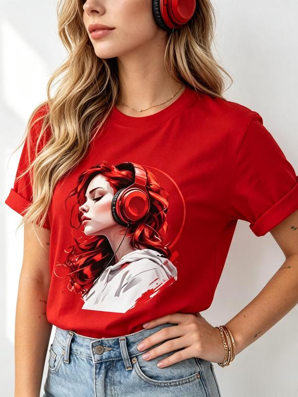 Women’s Fitted Red Round Neck Graphic Print Tee - Lady’s Short Sleeve Cotton Tshirt, Viral TikTok Music Lover Boho Art Sketch Red-Haired Girl with Headphones Print, Beach Daily Casual Streetwear Loungewear Top