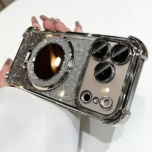 CAFELE Magnetic Phone Case with Holder Stand Luxury Electroplated Four Corner Shockproof Protective Cover Wireless Charging Compatible Glitter Back Case Compatible with iPhone 17 Pro Max 16 15 14 13,US Local Fast Shipping