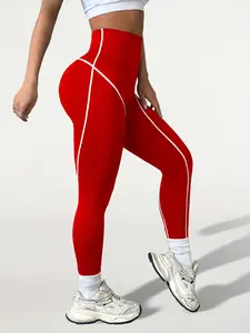 Women Seamless Ribbed Workout Leggings, High Waist Contrast Trim Tummy Control & Butt Lifting Active Pants, Soft Breathable Gym Leggings for Pilates Streetwear yoga