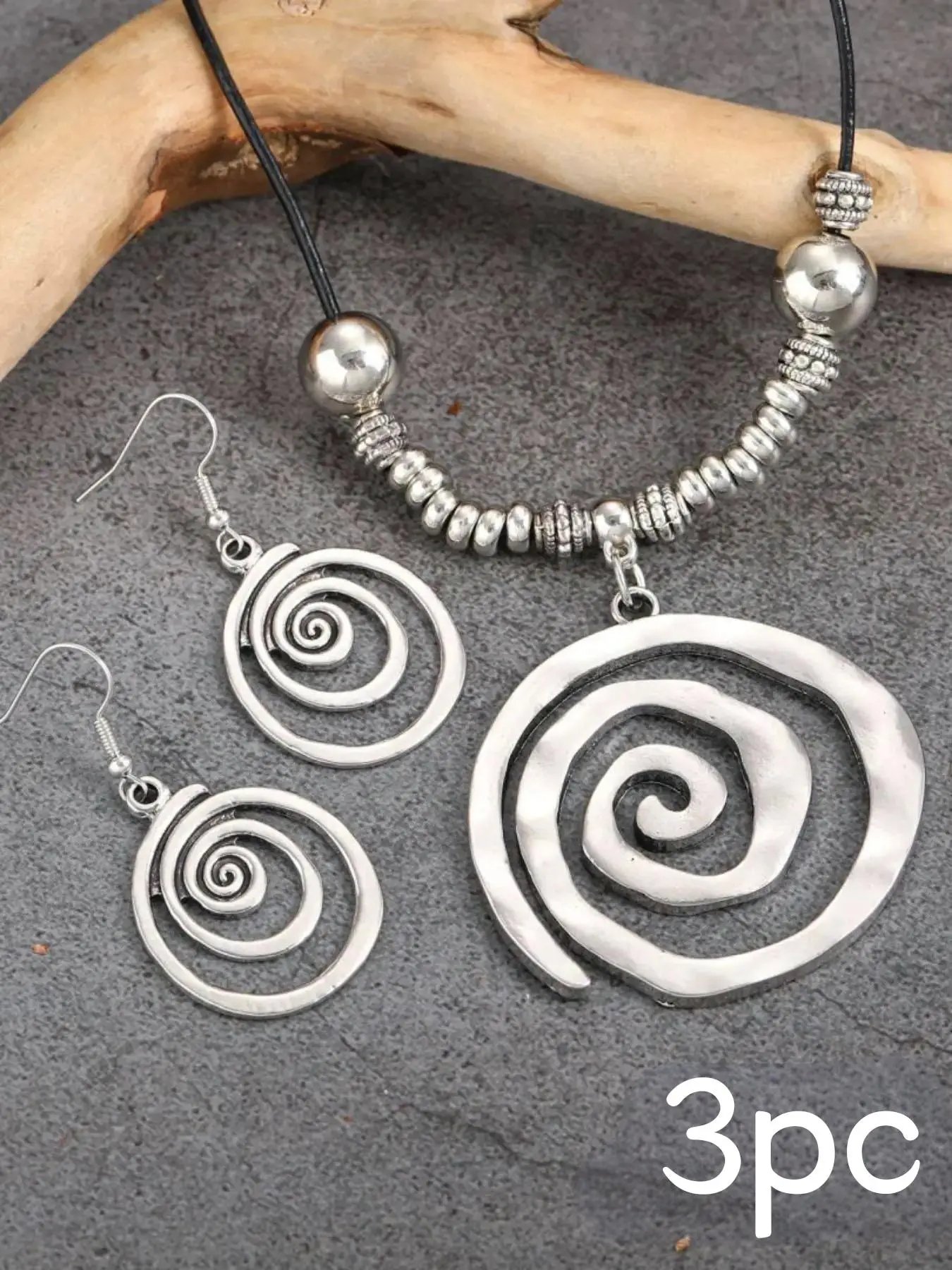 Boho Style Vortex & Beaded Decor Pendant Necklace & Dangle Earrings (3pcs/set), Gifts for Her, Fashion Vintage Elegant Set for Party, Daily Clothing D