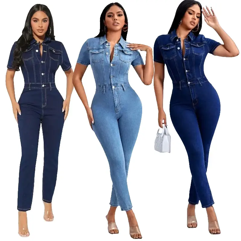 Women's Fashion Female 1-Piece Denim Jumpsuit Romper - Sexy Blue Stretch Skinny Overalls, Long Sleeves, Turn-Down Collar, Check, Slogan Print (Sports & Outdoor Clothing Set), Fitted, Casual, Denim Fabric, Elegant, Cold Wash, Slim, Fitted Cut
