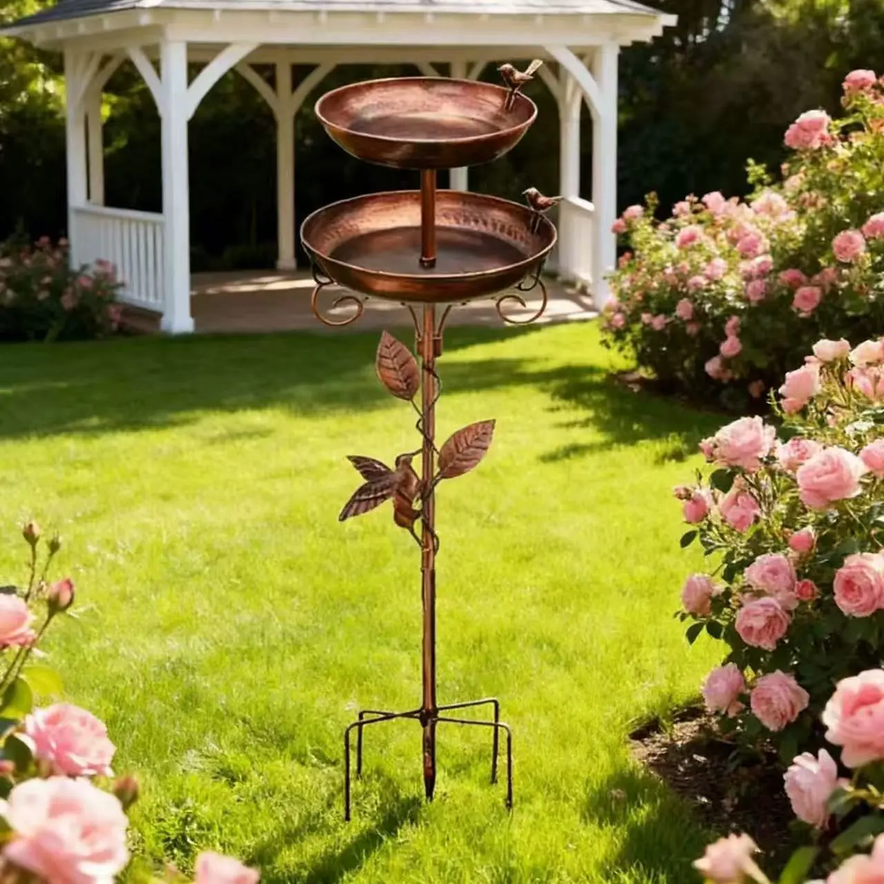 2-Tier Metal Bird Bath & Feeder Combo with Antique Copper Stake - Easy to Clean, Easy to Refill for Gardeners’ Outdoor Garden, Backyard Decor
