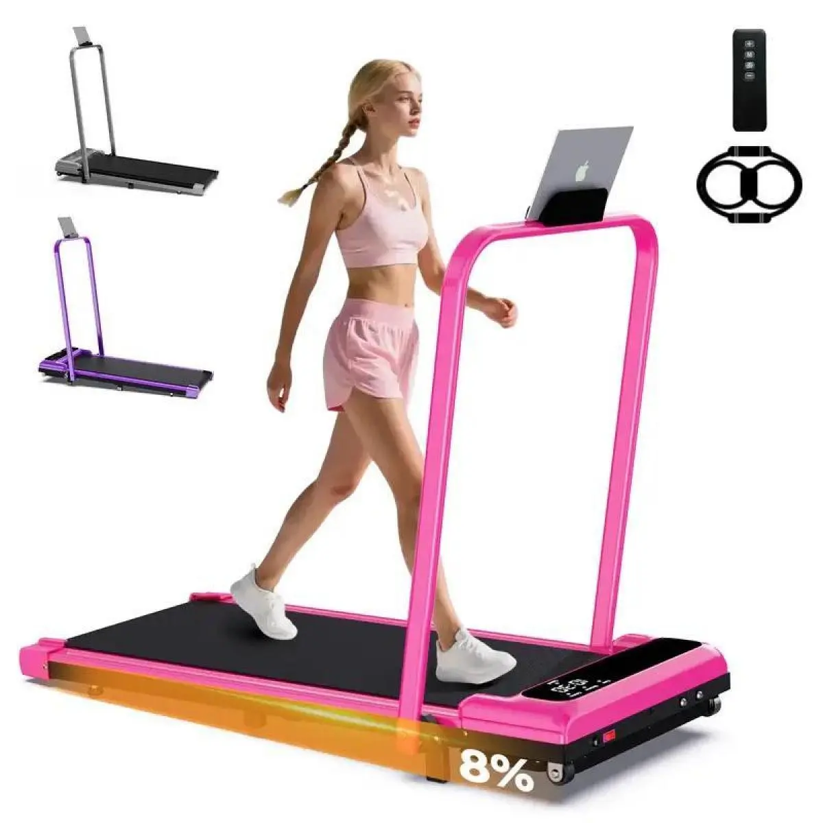 [New Arrival] Foldable Smart Electric Treadmill with Handrail, Low-Noise Motor - 265lbs Weight Capacity, Spacious Walking Pad, Dual Shock Absorption, Remote Control, Moving Wheels, Free Resistance Bands, Smart Folding Treadmill, Foldable Treadmill