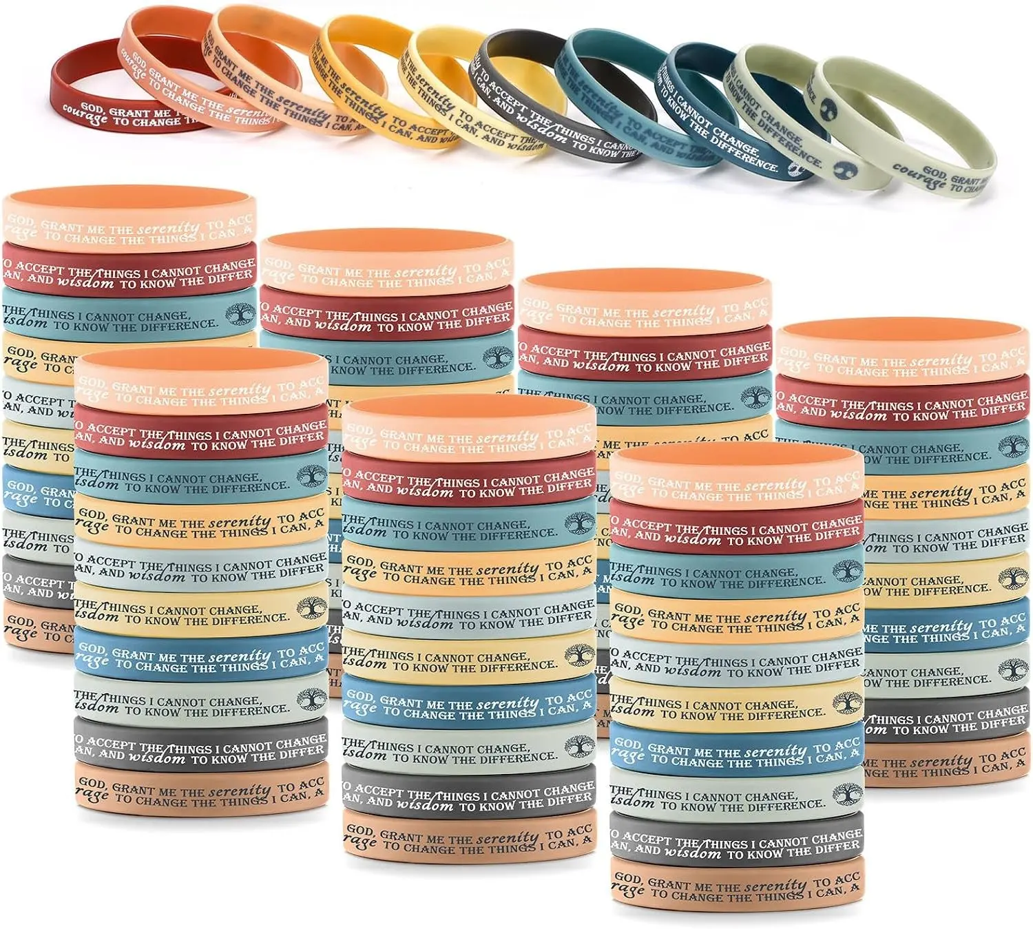 50 Pcs Sobriety Bracelets Serenity Prayer Gifts Silicone Wristbands Sobriety Recovery Gifts Reminder for Men Women Recovery Group Reminder Vbs Back to School Gift(Bright Color)