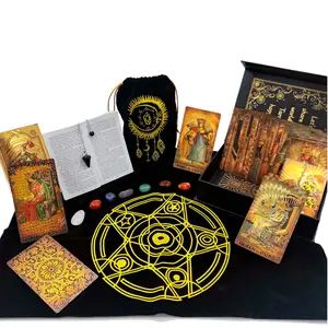 Tarot Cards Set for Beginners with Guide Book, Meanings on Them, PVC Waterproof, Including Card Holder, Table Mat, Seven Chakra Stones, and Crystal Pendulum Golden