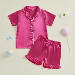 Toddler Girl Silk Pajamas Baby Short Sleeve Button Down Satin Silk Pjs Sleepwear Loungwear Ruffles Shorts Set Sleepwear