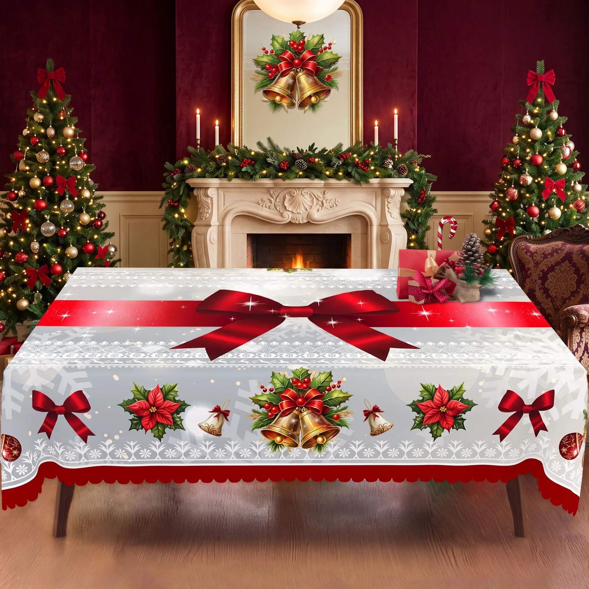KOPOEELK Christmas Tablecloth with Red Bow, Jingle Bells, Poinsettias, Holly Berries and Snowflake Patterns, Waterproof Fade-Resistant Round Rectangular Table Cover for Holiday Dining, Indoor Outdoor Christmas Party Kitchen Decor