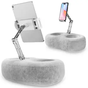 Pillow tablet stand, durable all-metal stand and made of soft washable flannel material, 360-degree adjustable bed phone stand with two snack bowl, tablet placement pad, office nap pillow, with detachable accessory tools, suitable for home or office