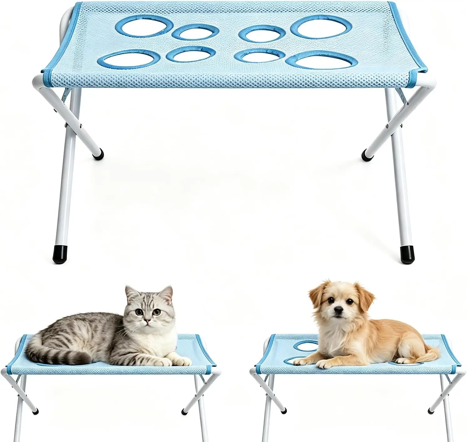 Pet Bath Stand - with Foldable Metal Tube Frame, Quick-Drying Mesh Bath Mat, Eight-Hole Design, Suitable for Dogs and Cats of Different Sizes for Home Bathing and Grooming (Blue)