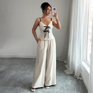 Womens Black & White Top And Wide-Leg Pants Two-Piece Set