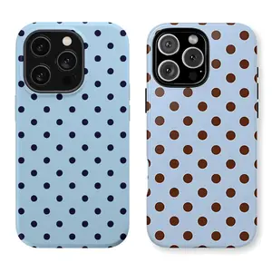 Light Blue Brown Polka Dot MagSafe Case, Magsafe Compatible, for iPhone17/ 16/15/14/13 Pro Max - Shockproof Dual Layer Wireless Charging Compatible Cute Retro Aesthetic Phone Cover for Women Girls