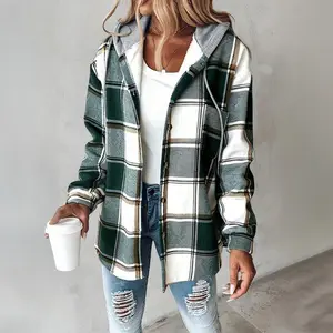 Women'sPlaidHoodieLongSleeveJacketButtonDrawstringCasualFallShirtsShacketWithPocketAdjustableBasicCoatsFabricSpandexStyleTeeflanneloutfits Womenswear Tops