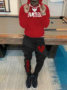 Men's Heart & Letter Print Sweatshirt & Drawstring Waist Sweatpants Set, Matching Set, Regular Fit Casual Long Sleeve Hooded Pullover & Pocket Jogger Pants, Men's Fall & Winter Clothes Valentine's Day, Gift, Clothing