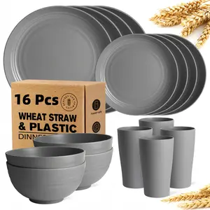 Unbreakable Wheat Straw Dinnerware Set - 16 Pieces for 4 or 8 People - Reusable, Dishwasher Safe Plates & Bowls, Ideal for Camping, Picnics, Everyday Use & Large Families, Lightweight Durable Plastic, Perfect Gift for Halloween, Christmas, and New Year