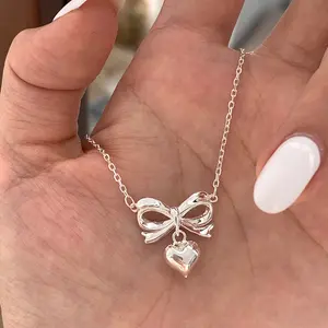 Bow Heart Necklace, Balletcore Collarbone Chain, Gold Girly Pendant, Dainty Y2K Jewelry for Women, Coquette Aesthetic Gift