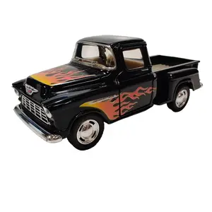 KINSMART 1955 Chevy Step-side Pick Up 1:32 Scale 5" Diecast Model with Openable Doors and Pull Back Action Black Color Officially Licensed - Truck