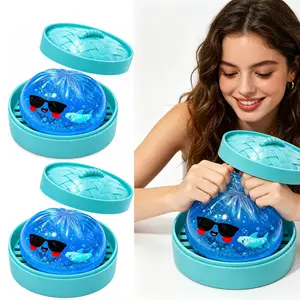 2 Pcs Transparent Blue Glitter Shark TPR Squishy Toy with Mini Steamer Case, Cool Sunglasses Cartoon Dumpling Stress Relief Squeeze Fidget Toy, Novelty Food Shaped Party Favors for Kids Birthday Goodie Bag Fillers & Classroom Carnival Prizes#E3T