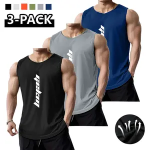 3-pack — men’s casual sports tank tops, breathable fitness shirts, sleeveless running training T-shirts for outdoor workouts; men’s tops made of polyester, suitable for summer fitness, outdoor activities, and casual wear.