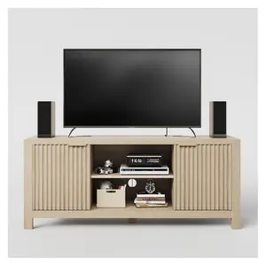 65-Inch Fluted Wooden TV Console Cabinet, Modern Heavy-Duty Entertainment Center with Open Shelves and Storage Cabinets, for Living Room, Bedroom