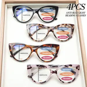 4 Pack Blue Light Blocking Progressive Multifocal Reading Glasses for Women, Spring Hinge Cat Eye Frame Readers, Lightweight Fashion Eyewear