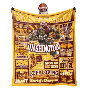 Football-Themed Flannel Blanket with 2D Flat Print in Washington DC - Bright Yellow with Team Designs, Perfect for Keeping Warm and Cozy on the Sofa or Bed.
