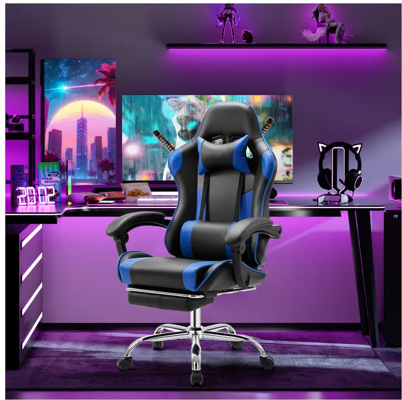 Gaming Chair with Footrest, Ergonomic Office Computer Desk Chair w/Spring Cushion, Lumbar Support & Headrest, Black/Blue