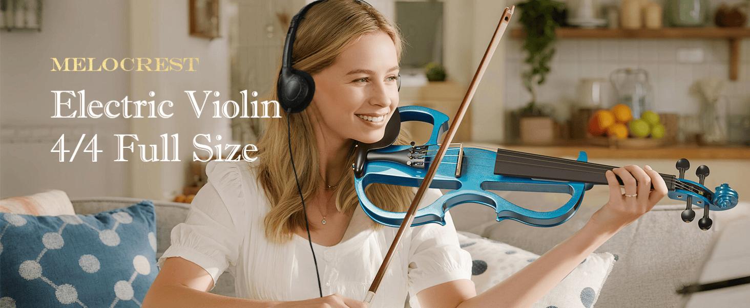 Electric Violin for Beginners - Solid Maple & Spruce, Ebony Fittings, Carbon Fiber Tailpiece, Full Size 4/4 (Blue)