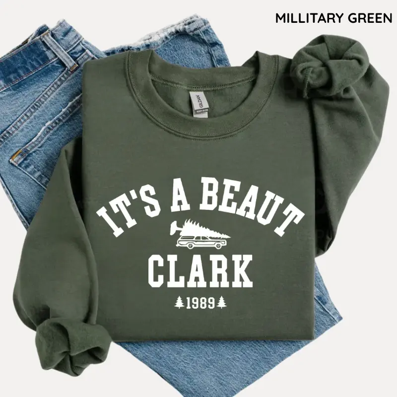 Women's "It's a Beaut Clark" Funny Christmas Casual Long Sleeve Fitted Classic Pullover - Cute Sweatshirt, Christmas Vacation Top, Premium Cotton Feels Soft All Day