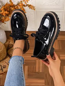Women's All-Season Glossy Thick Sole Loafers Walking Shoes, Vintage British Style, Casual Plain Design, PU Upper, Rubber Sole, Comfortable Footwear