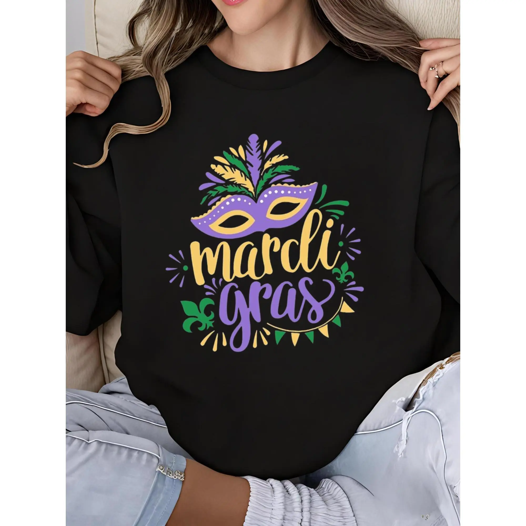 Women's Mardi Gras Polyester Sweatshirt - Casual Long Sleeve Minimalist Graphic Round Neck Top, Fitted Festive Comfort Wear for Fat Tuesday Party, Work, Thanksgiving