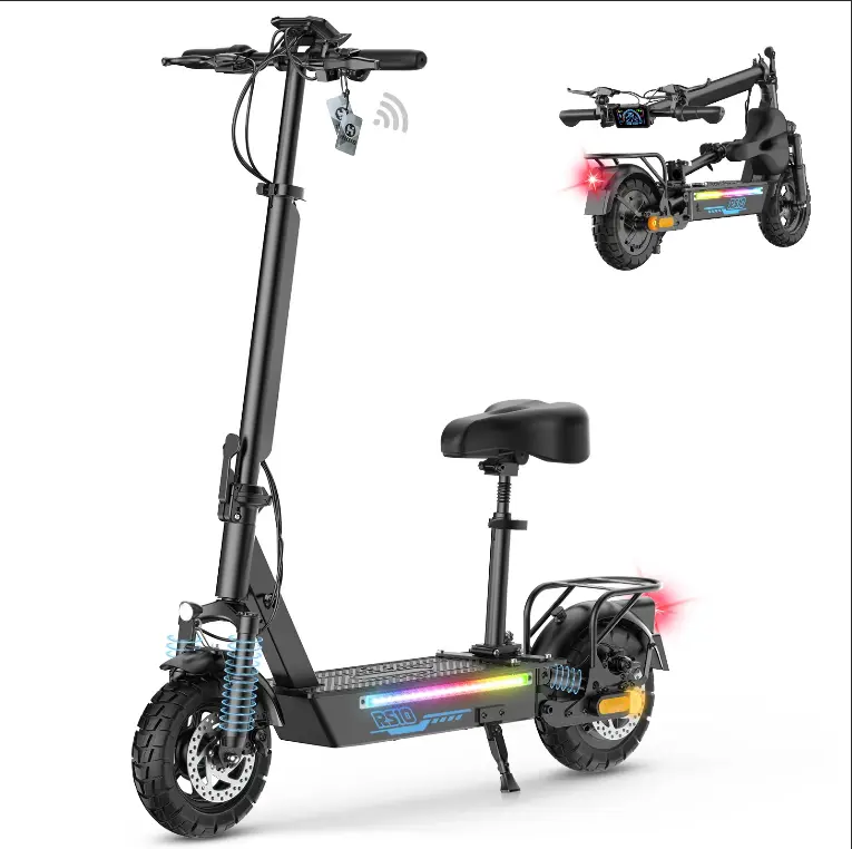 RS10 MAX High-Speed Electric Scooter: Features 10-inchtires and a powerful 1200W motor; offers a range of 34-46miles and a top speed of 31 mph; includes a seat, LEDlighting, a Bluetooth speaker, and an NFC lock.