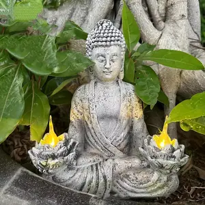 New Zen-Inspired Solar-Powered Buddha Statue With Led Light - Resin Garden Decor, Semi-Embedded, Switch-Controlle