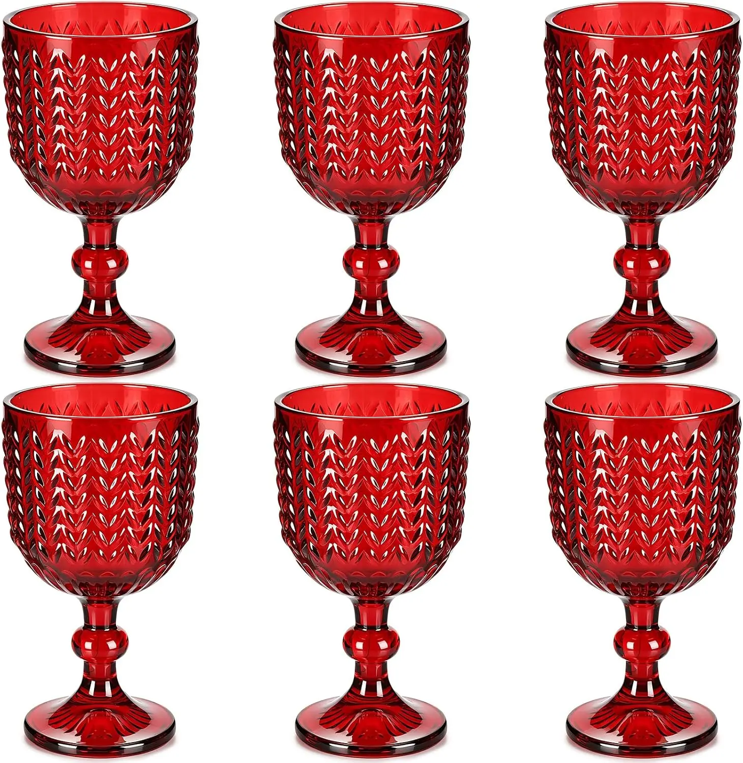 Vintage Red Embossed Wine Glasses Set of 6, 12 oz Colored Glass Water Goblets Romantic Stemmed Glassware Drinking Cups for Wedding Party Bar Juice Cocktail Christmas Holiday Table Decor