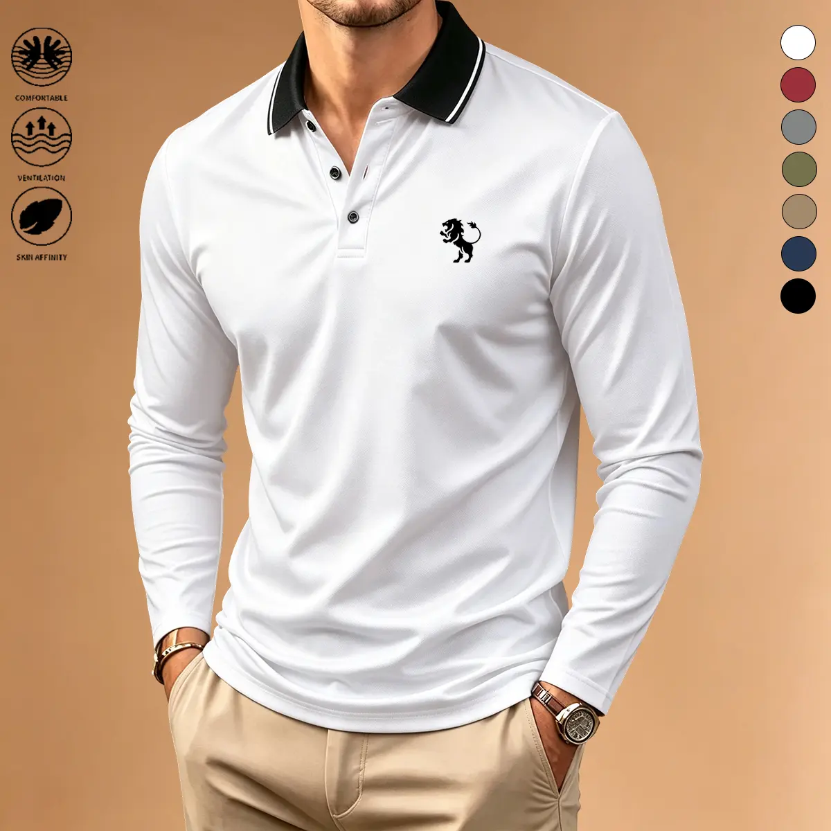Men's Long Sleeve Polo Shirt - Menswear Tops, Color-Block Design, Stylish Print, Turn-Down Collar, Comfortable Fabric, Suitable for Outdoor Sports & Business Casual, Wearable Alone or as Inner Layer