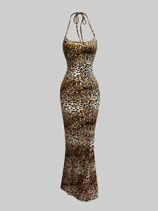Women's Retro Leopard Halter Bodycon Mermaid Dress, Sleeveless Long Evening Dress, Fit, Leopard Print Dress | #RetroLeopard #HalterDress #MermaidDress