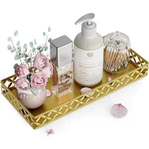 11 Inch Gold Rectangle Small Decorative Bathroom Vanity Tray Counter Organizer for Perfume Makeup Cosmetic Jewelry